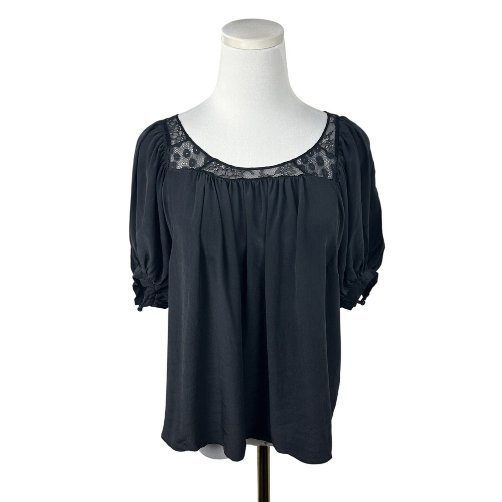 Rebecca Taylor Blouse Womens 2 Black Silk Lace Detail Puff Sleeve‎ Boho Top
